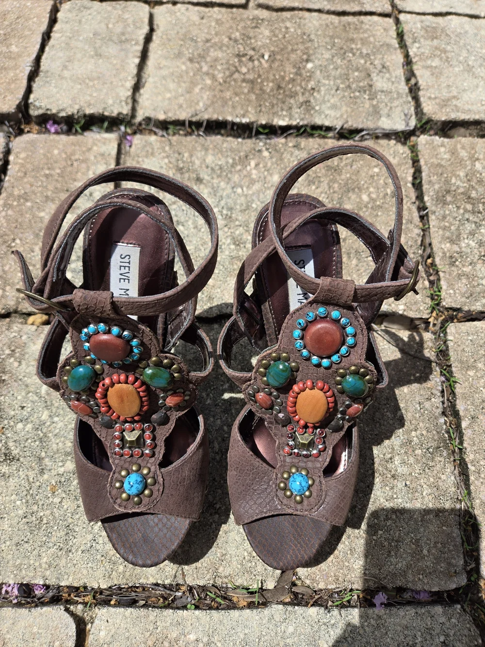 Steve Madden Brown Embellished Leather Platform Sandal Size 7 RARE Festival Shoe